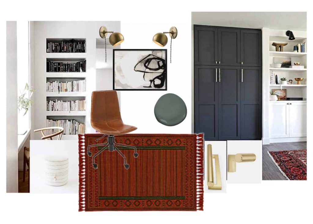 A mood board used as inspiration to create a pretty office out of a living room
