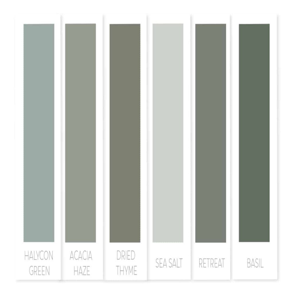 My favorite Sherwin Williams Sage green paint colors are Halcyon Green, Acacia Haze, Dried Thyme, Sea Salt, Retreat and Basil