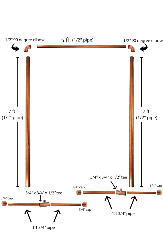 Pieces of copper pipe arranged in a frame pattern. Each piece has arrows and measurements next to it.