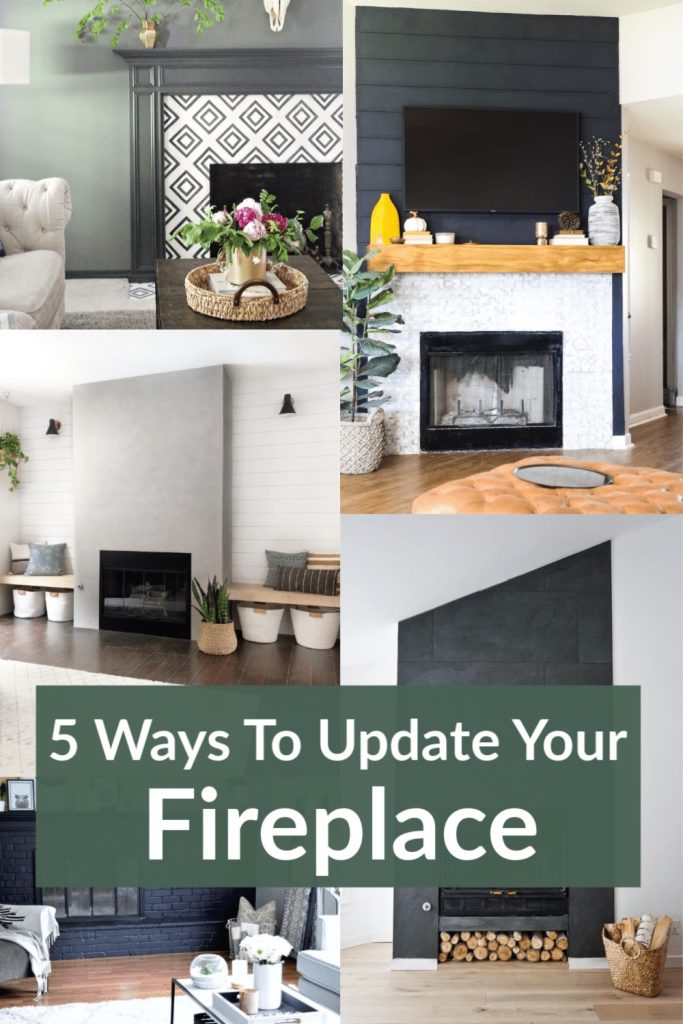 5 ways to update your fireplace. Sharing some DIY fireplace ideas and DIY fireplace projects. Learn how to stencil a fireplace, do a shiplap fireplace DIY, DIY cement fireplace, floor to ceiling tile fireplace, and how to paint a fireplace. #fireplace #diyfireplace #livingroom #diyprojects
