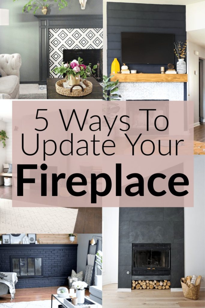 5 ways to update your fireplace.  Sharing some DIY fireplace ideas and DIY fireplace projects.  Learn how to stencil a fireplace, do a shiplap fireplace DIY, DIY cement fireplace, floor to ceiling tile fireplace, and how to paint a fireplace.  #fireplace #diyfireplace #livingroom #diyprojects