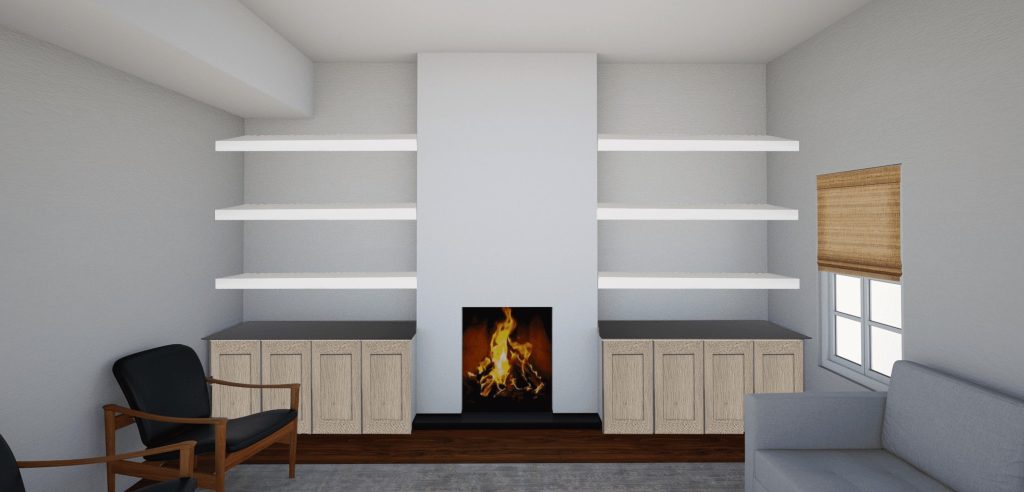 Rendering of a living room design with open shelving and cabinets which makes a totally new fireplace wall design