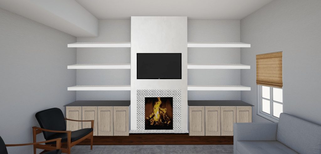 Fireplace wall design using stencils and open shelve with dark cabinet doors with a black counter top