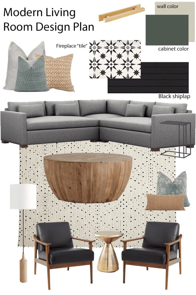 A collage of design elements and decor for a modern living room redesign. Wall colors, throw pillows, a large grey sectional couch, area rug, and furniture.