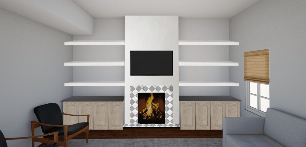 Redo fireplace ideas are made easier when you get a rendering to decide between shiplap, tile, or cement in your design