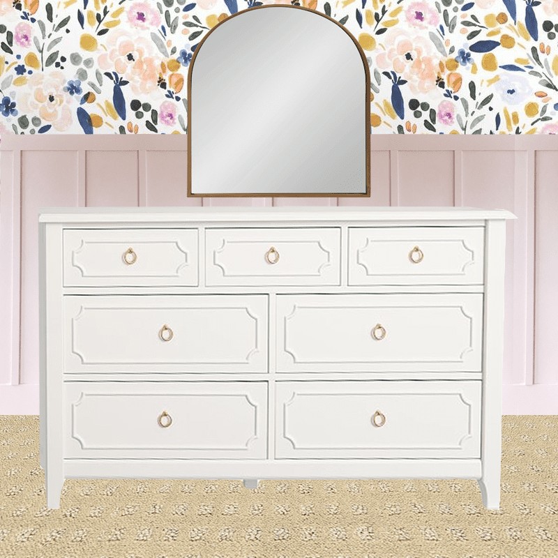 We are planning a big makeover in our little girl's bedroom. Check this rendering of the dresser, arch mirror, floral wallpaper on top half and pink board and batten on bottom half of the wall