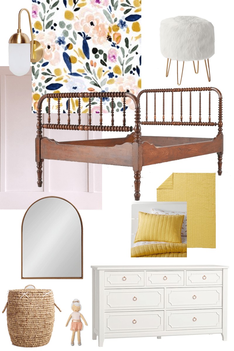 Here's our big girl's bedroom inspiration and mood board, complete with a vintage bed frame, colorful floral wallpaper, pink board and batten and other modern accessories and decor