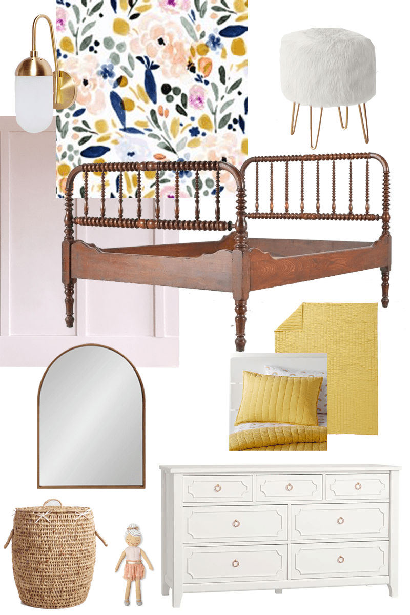 Sharing all the design plans for Evie’s big girl room! Toddler girl rooms are so fun to decorate. We’re using flower wallpaper, DIY board and batten, an IKEA dresser hack, and a vintage Jenny Lind bed! So many toddler girl bedroom ideas and big girl room inspiration and ideas! #toddlerroom #girlroom #biggirlroom