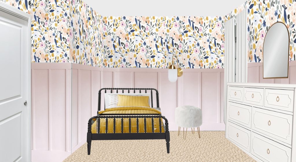 Here's the rendering of our big girl's bedroom after the makeover is complete with floral wallpaper on top, vintage Jenny Lind bed frame with yellow bedding and pink board and batten.
