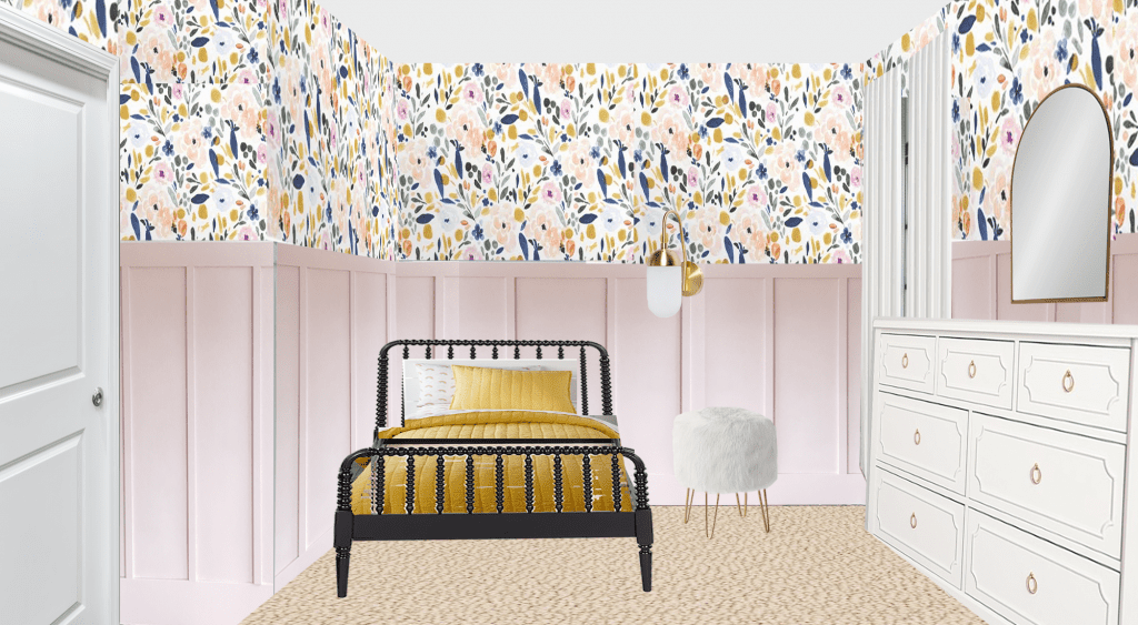 Sharing all the design plans for Evie’s big girl room! Toddler girl rooms are so fun to decorate. We’re using flower wallpaper, DIY board and batten, an IKEA dresser hack, and a vintage Jenny Lind bed! So many toddler girl bedroom ideas and big girl room inspiration and ideas! #toddlerroom #girlroom #biggirlroom
