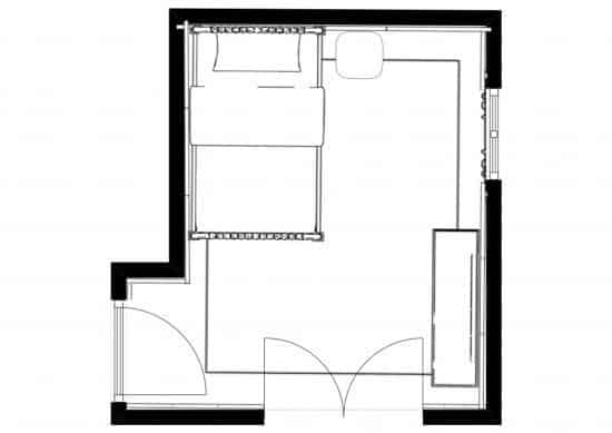 Floor plan for little girls bedroom with one window and french door closet with bed in corner, dresser in opposite corner 