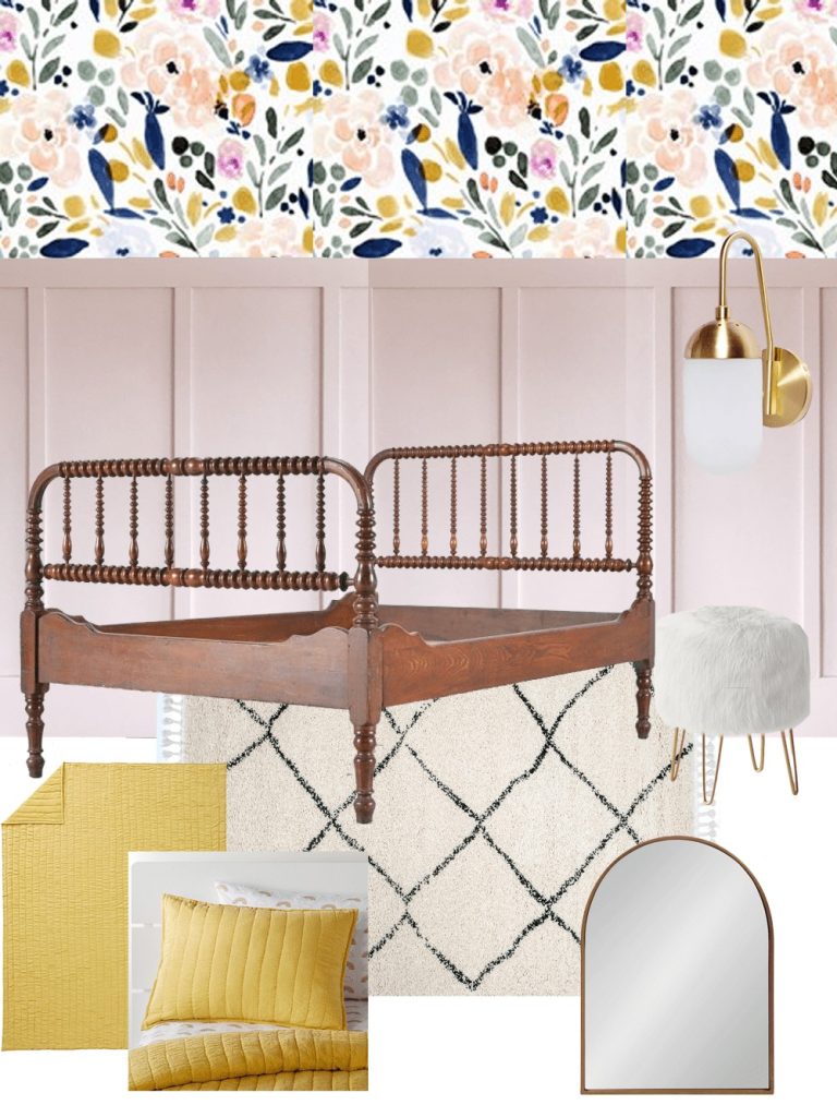 Toddler girl rooms are so fun to decorate. We’re using flower wallpaper, DIY board and batten, an IKEA dresser hack, and a vintage Jenny Lind bed! So many toddler girl bedroom ideas and big girl room inspiration and ideas! #toddlerroom #girlroom #biggirlroom