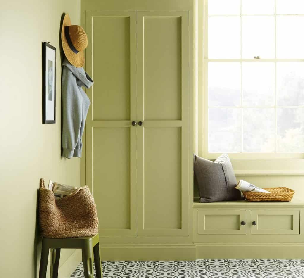 2020 paint color of the year by Behr sort of a yellow green used on some built in cabinetry