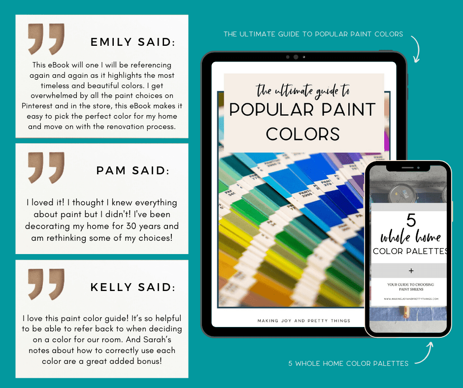 A graphic with a tablet, phone, and quote boxes. On the tablet screen is an eBook cover called "The Ultimate Guide to Popular Paint Colors". The phone scree has a graphic displayed the reads "5 whole home color palettes". The quote boxes have reviews of the ebooks from readers.