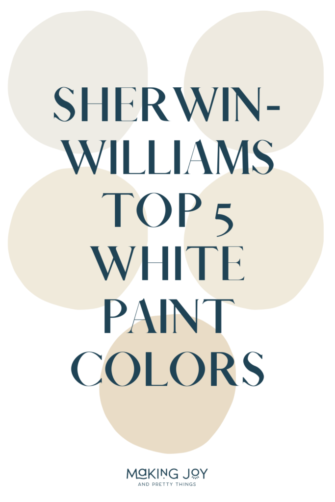 Collage photo of Williams White Paint Colors with text overlays saying "Sherwin Williams TOP 5 White Paint".