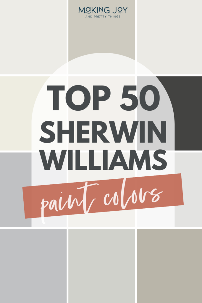 A montage showcasing Sherwin Williams' quintessential paint colors, accompanied by text overlays proclaiming "Top 50 Sherwin Williams Paint Colors."