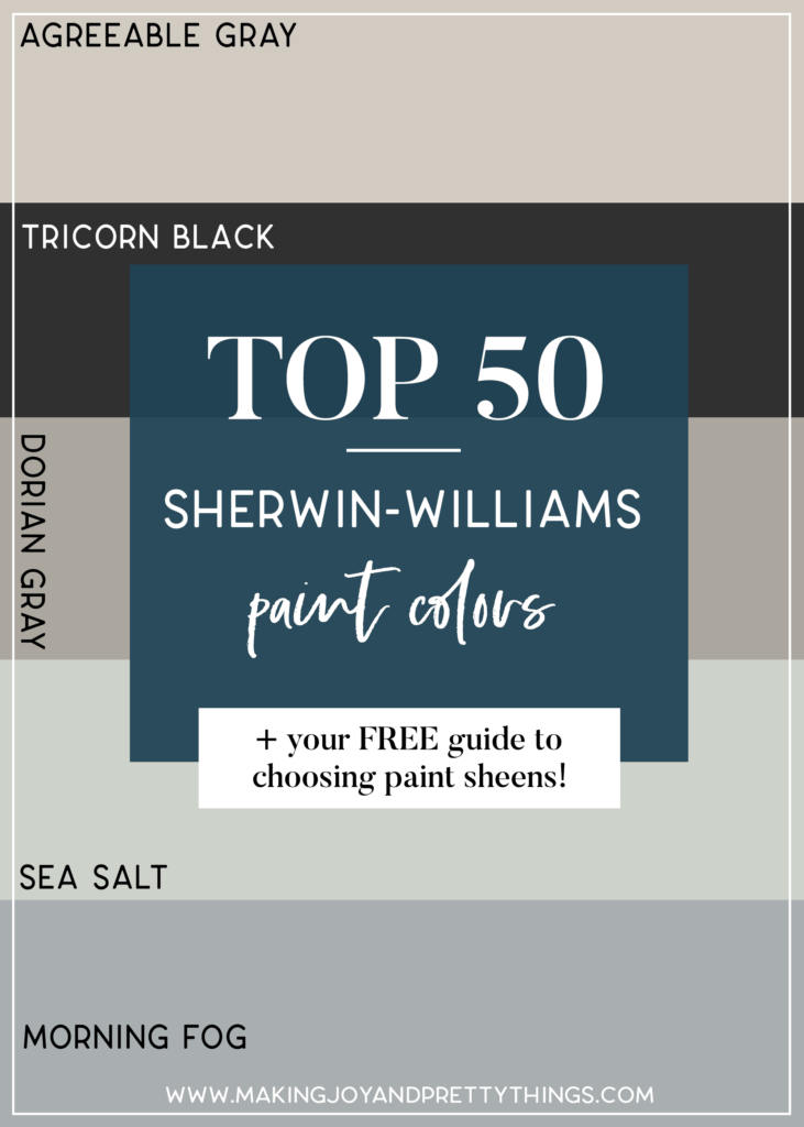 Top 50 Sherwin-Williams Paint Colors. Looking for paint colors for the home? Today I'm sharing the top 50 best selling Sherwin-Williams paint colors including their number 1 best seller - agreeable gray! There are farmhouse paint colors and Greige paint colors as well as their best selling blue paint colors, gray paint colors, and green paint colors. PLUS, I've included by guide to choosing paint sheens for free! #paintcolors #howtochoosepaint