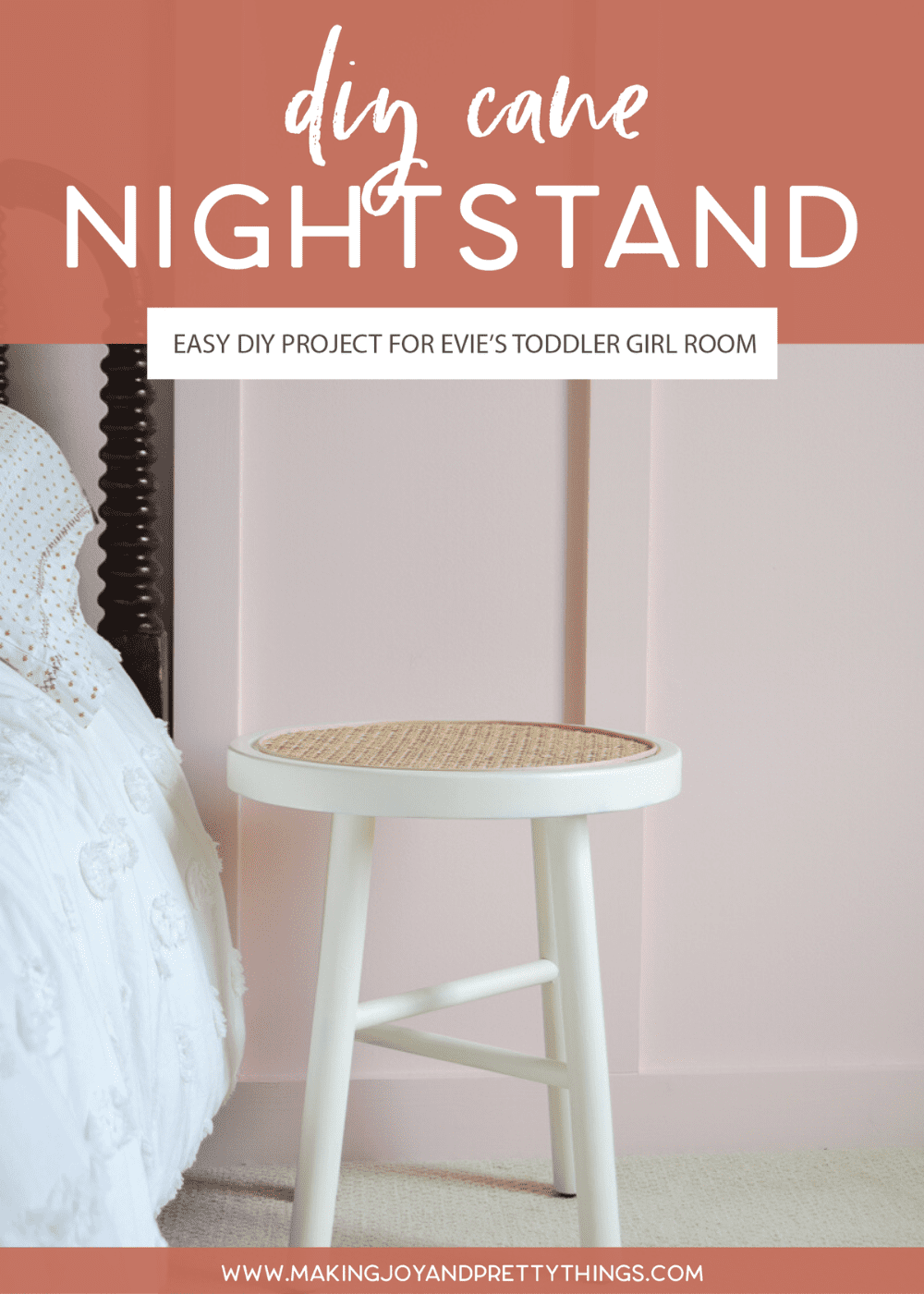 Looking for DIY nightstand ideas?  I tried my hand at DIY cane projects with a DIY cane nightstand for Evie’s toddler girl room!  I used a stool from Target, some spray paint, and cane to make a DIY nightstand.  It’s the perfect addition to a little girl’s room if you’re looking for girl room ideas.  The DIY cane nightstand was an easy DIY that adds tons of style and function to her girly room. #cane #canefurniture #diyprojects #diycanenightstand
