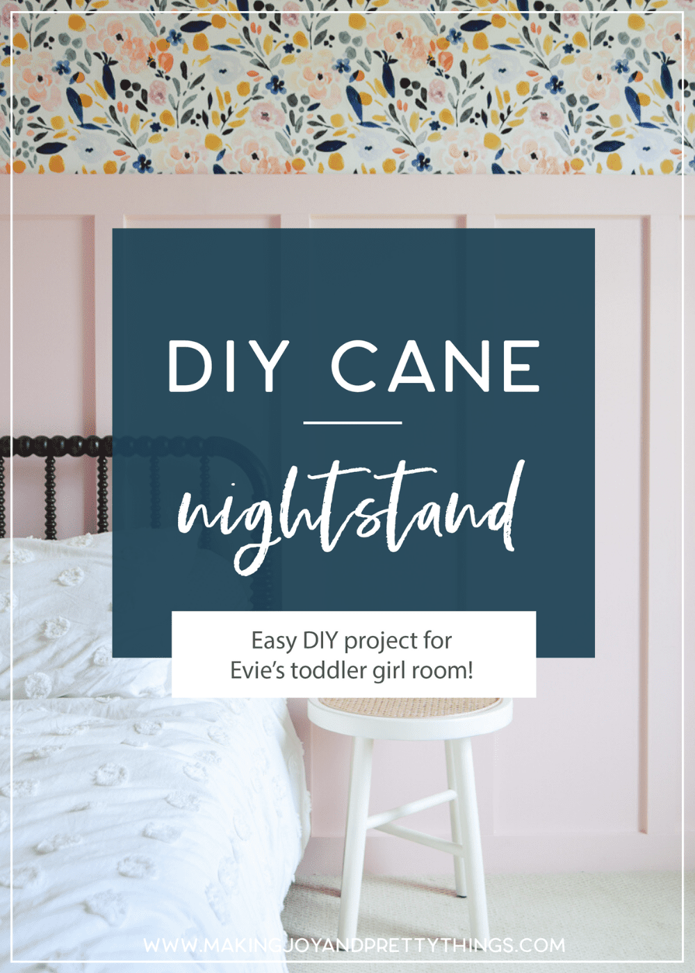 Looking for DIY nightstand ideas?  I tried my hand at DIY cane projects with a DIY cane nightstand for Evie’s toddler girl room!  I used a stool from Target, some spray paint, and cane to make a DIY nightstand.  It’s the perfect addition to a little girl’s room if you’re looking for girl room ideas.  The DIY cane nightstand was an easy DIY that adds tons of style and function to her girly room. #cane #canefurniture #diyprojects #diycanenightstand
