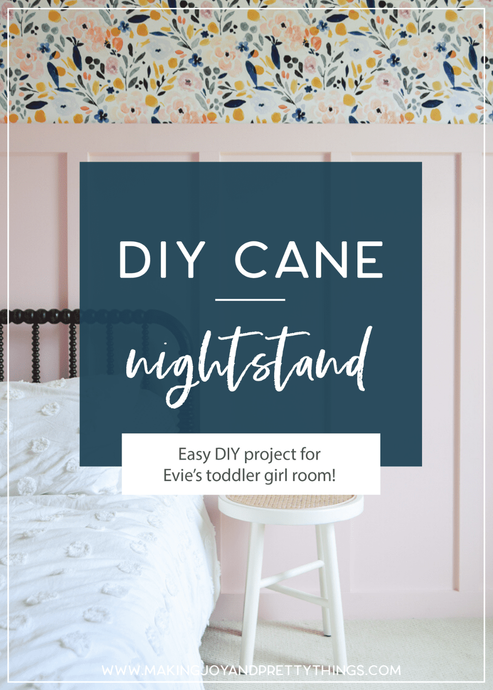 Looking for DIY nightstand ideas? I tried my hand at DIY cane projects with a DIY cane nightstand for Evie’s toddler girl room! I used a stool from Target, some spray paint, and cane to make a DIY nightstand. It’s the perfect addition to a little girl’s room if you’re looking for girl room ideas. The DIY cane nightstand was an easy DIY that adds tons of style and function to her girly room. #cane #canefurniture #diyprojects #diycanenightstand