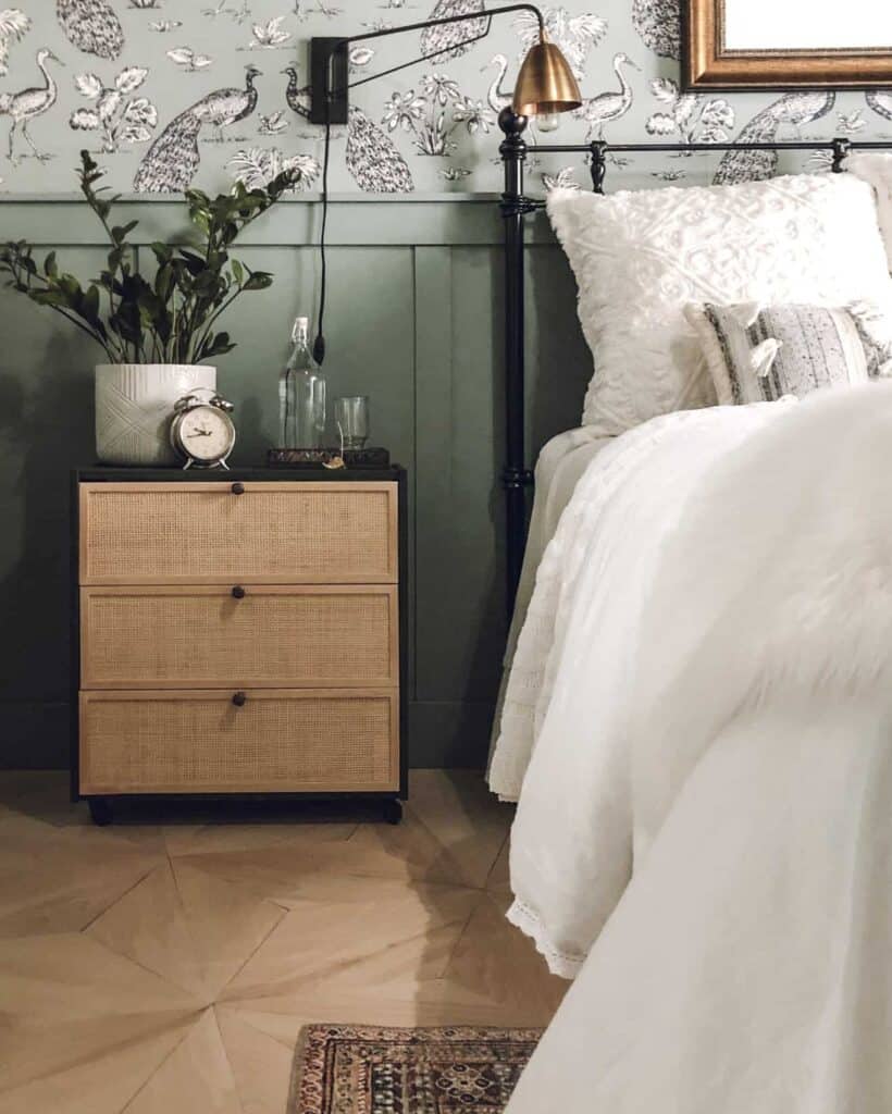 Cane Webbing applied to a night stand with drawers to create a look on the exterior of the dresser