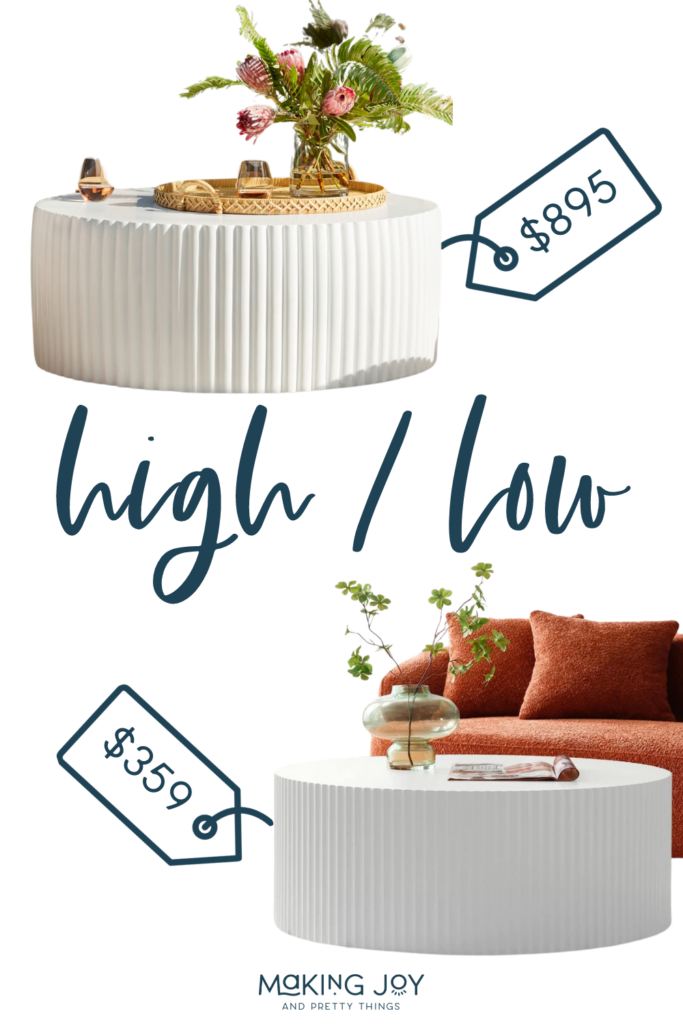 A photo of a white fluted coffee table with price tags for similar tables displayed next to it.
