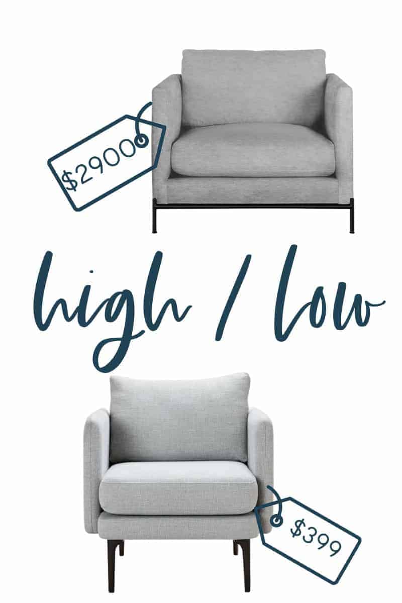 Looking for a modern gray upholstered accent chair? When it comes to accent chairs, simplicity and sleekness never disappoint. While I adore the high-end option (including the pictured chair, although it's no longer available, and a new one I discovered priced at $1,400), I simply can't justify spending over $1,000 on a single chair. The savings on the more affordable alternative are absolutely mind-blowing.