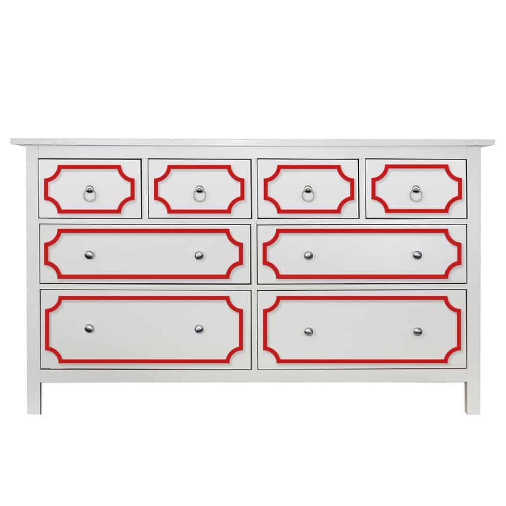 The red outline shows O'verlays Anne Kit materials, which go over dresser drawers for an easy Ikea Hemnes Hack on a dresser