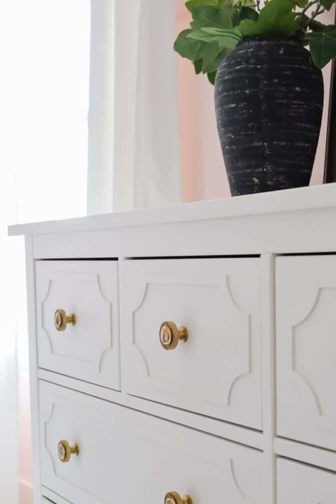 A simple beginner IKEA Hack - DIY IKEA Hemnes Hack using O'verlays furniture panels (Anne Kit) to transform an IKEA Hemnes dresser into a Pottery Barn dupe!  Perfect for a little girl's bedroom or child bedroom dresser.  Easy IKEA hacks are fun and simple and a great budget-friendly home idea!