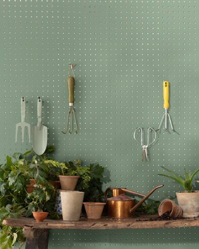 gardening peg board painted in benjamin high park green paint color