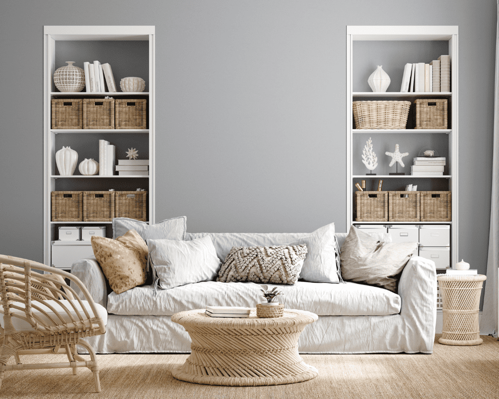 The Coastal style of interior design incorporates a natural color palette using white, tan, glue and green with accessories and decor made from natural elements found at the beach, like driftwood, shells and sand. This coastal themed living room has gray walls with white trim and cream fabric couch, rattan furniture and open shelving with rattan baskets and decorative books and decor.