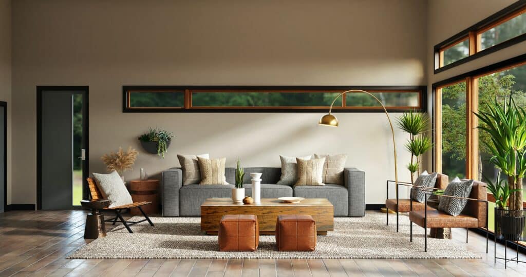 The contemporary interior design style is harder to define because it is always changing. It is the style that is popular at the very moment in the interior design world. Right now you'll see a lot of natural light, neutral colors, clean geometric shapes and a lot of houseplants being used.