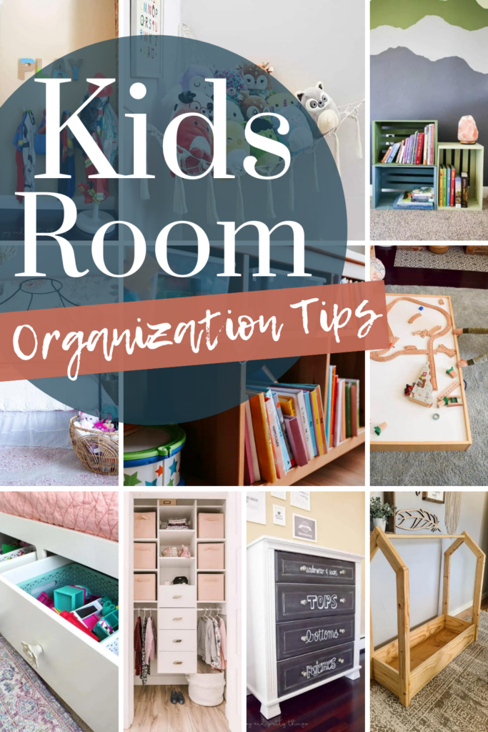 Collage photo to organize toys with text overlays saying "Kids room Organization Tips".