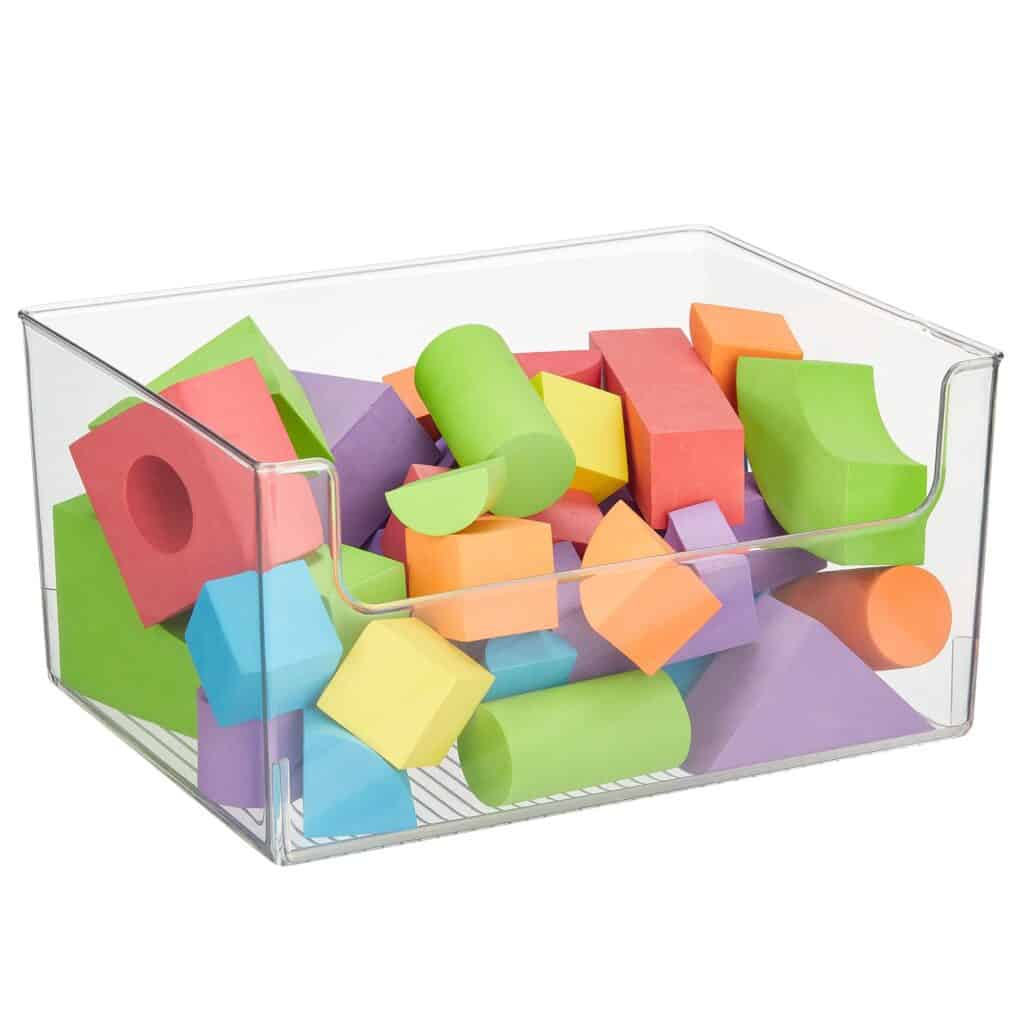 Clear storage bins are great for organizing kid's rooms because the contents can be seen