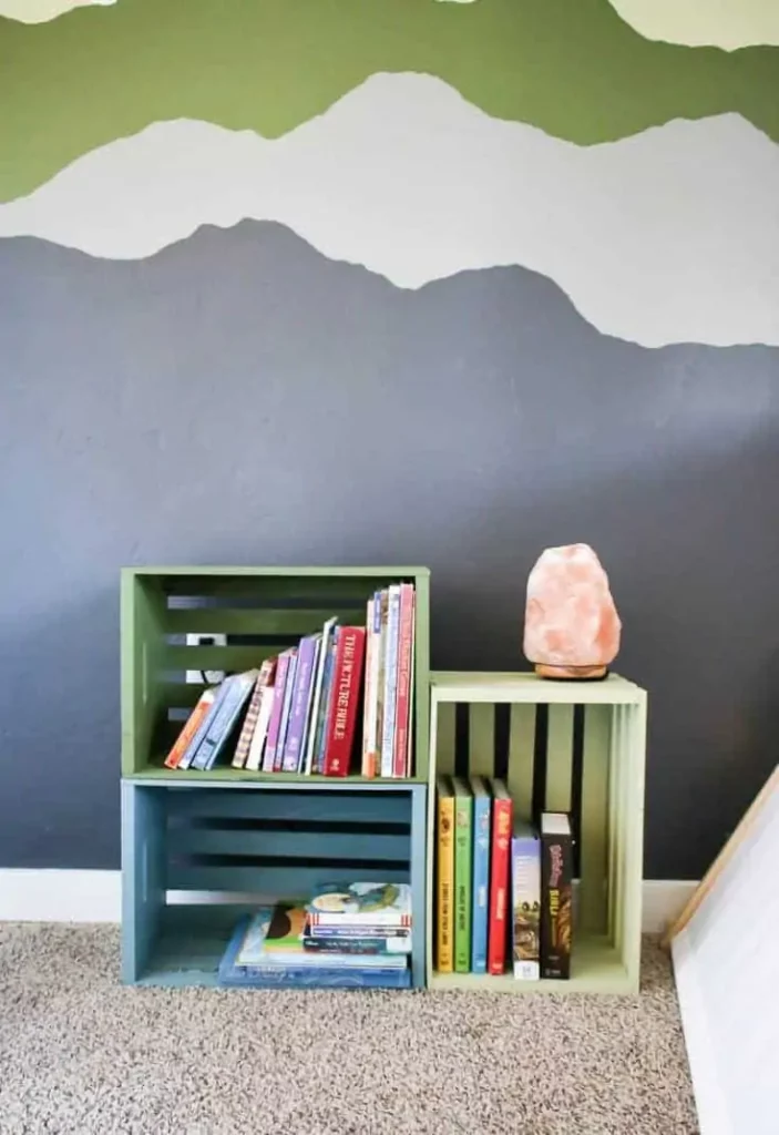 Make your own wooden crate bookcase by painting wood crates and stacking them on their sides 