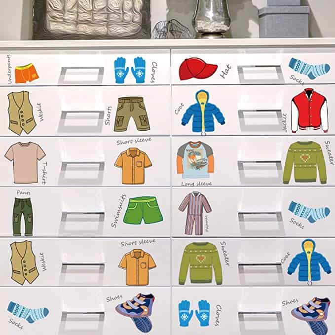 Using labels with pictures is great for kid's closets for the youngest children that can read yet.