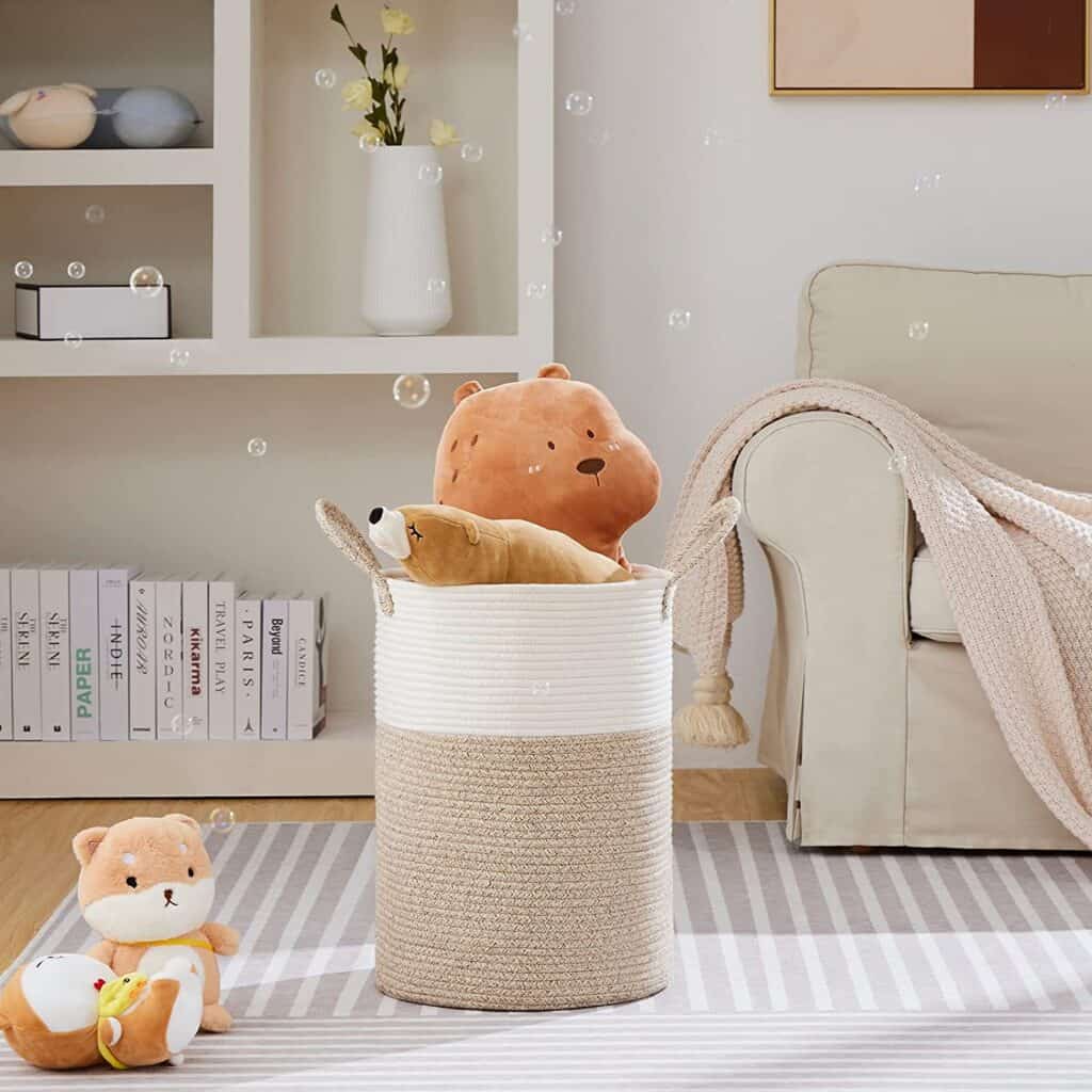 Fabric rope basket with handles that is great for storing a lot of toys or stuffed animals 