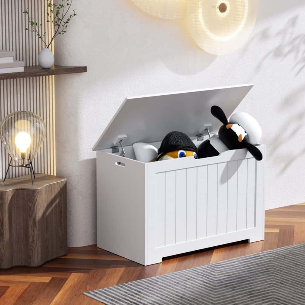White bin with lid that lifts up, which is great for hiding a bunch of toys in a living room
