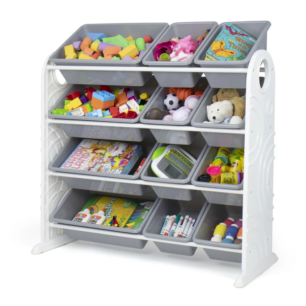 Tilted out bin storage racks, like this, are great for organizing toys, board games, books and art supplies in a kid's bedroom or playroom. 