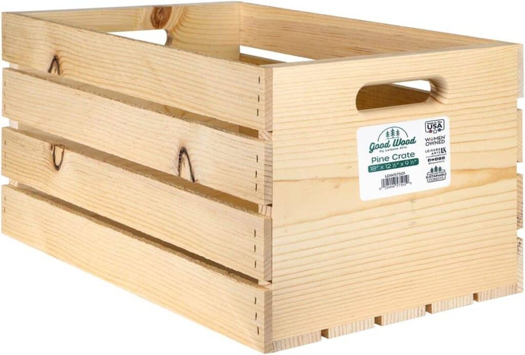 Unfinished wood crates, like this, are a budget friendly option that can be customized with paint or stain to organize toys 