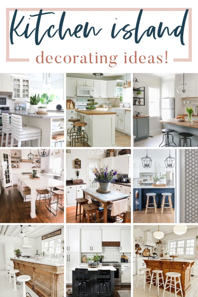 A photo collage of decorating ideas for kitchen island with text overlay saying "Kitchen island decorating ideas!".