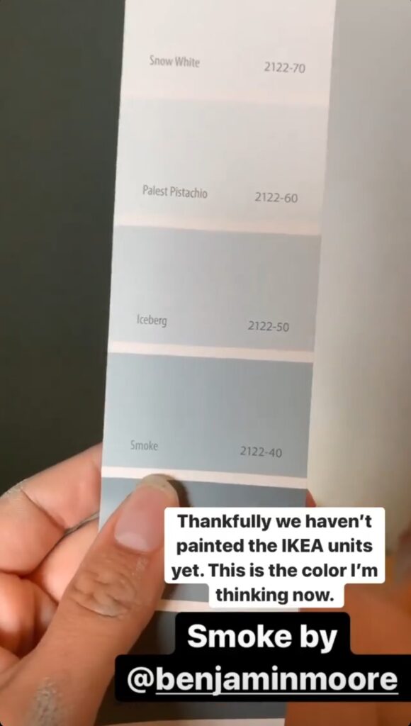 Paint chip with various shades of blue green paint colors from Benjamin Moore including Snow White, Palest Pistachio, Iceberg, Smoke and others