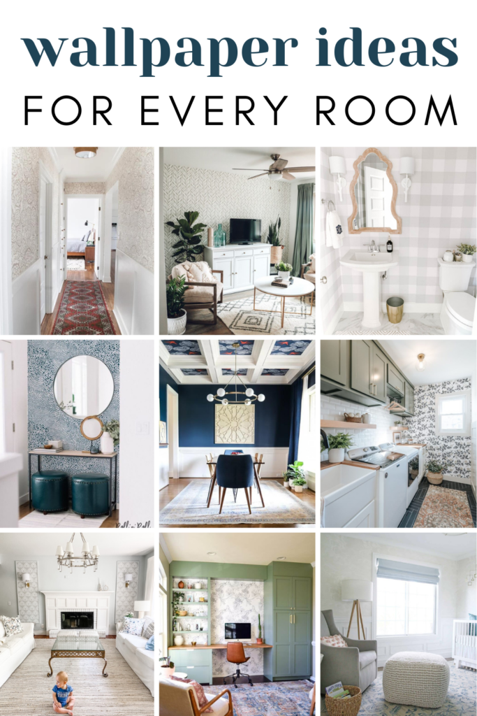A collage photo of a wallpaper for every home with text overlays saying "Wallpaper Ideas for every room".