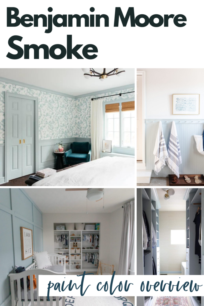 A collage photo of paint ideas with text overlays saying "Benjamin Moore Smoke Paint Color Overview".