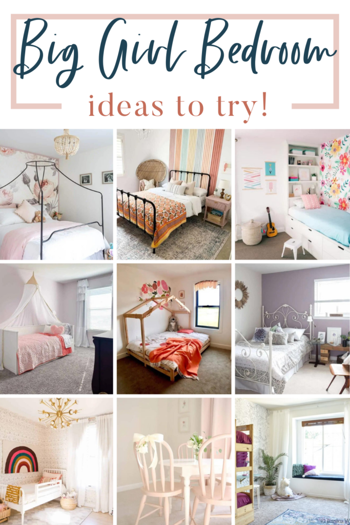 A collage photo of a cute girl bedroom with text overlays saying "Big Girl Bedroom ideas to try!".