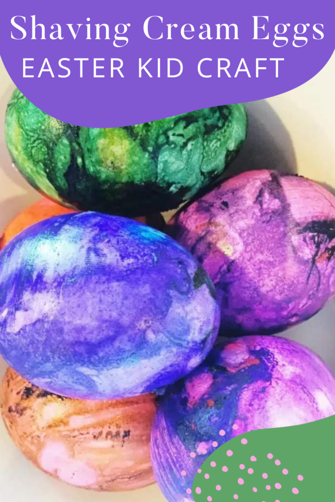 A photo of color purple egg with text overlays saying "Shaving Cream Eggs Easter Kid Craft".