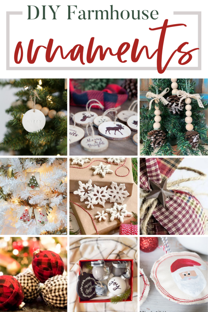 A collage photo of Christmas ornaments craft with text overlays saying "DIY Farmhouse ornaments".