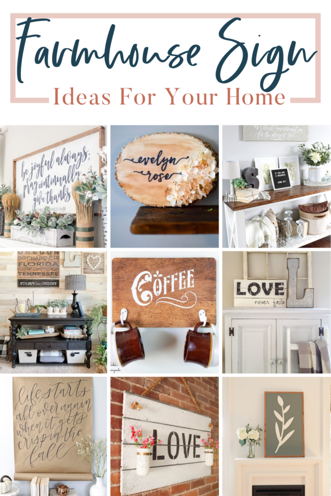 A collage photo of a farmhouse sign home decoration with text overlays saying "Farmhouse Sign Ideas for your Home".