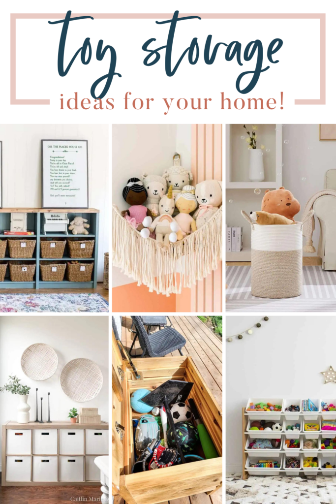A photo collage of a toy storage with text overlays saying "Toy storage ideas for your home".