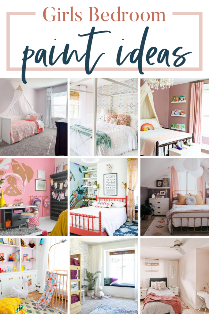 Collage photo of a cute girls bedroom with text overlays saying "Girls Bedroom paint ideas".